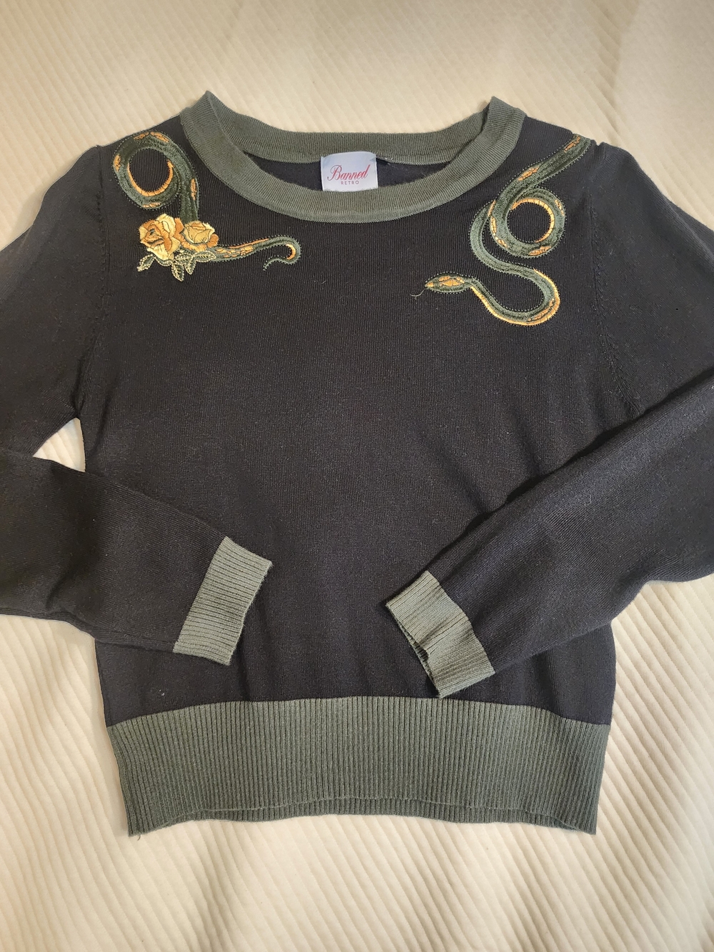 Women's Black Crewneck Sweater with Olive Trim and Snake Embroidery